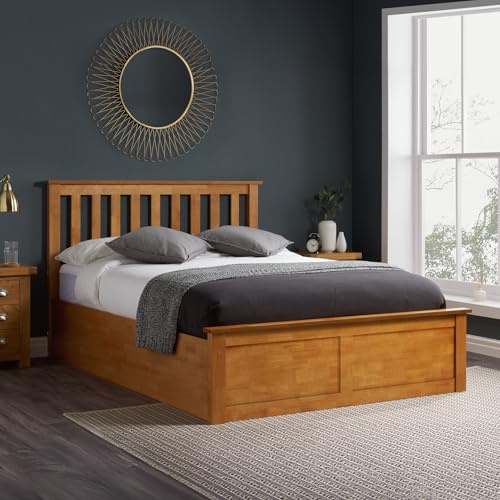 happybeds Phoenix Oak Wooden Ottoman Storage Bed, 4ft Small Double | 4ft Small Double, Wooden Ottoman Storage Bed, Gas-Lift Storage, Oak, 120 x 190 cm, Traditional Design, Oak Finish