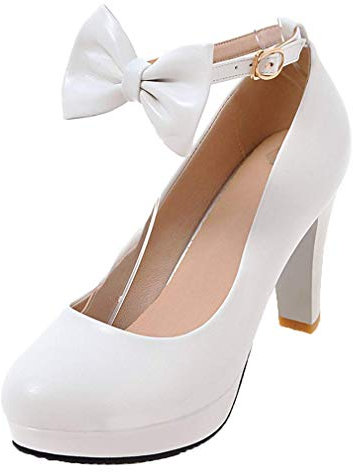 LOVOUO Femme Escarpins Bride Cheville Carré Bloc Haut Talon Plateforme Sexy Chunky avec Noeud Boucle Chaussure Bout Fermé 9CM(Blanc,42)