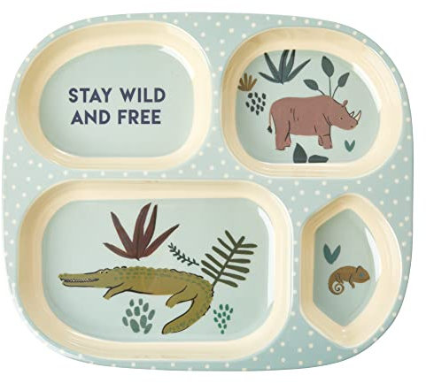 Melamin Kinderteller mit 4er Einteilung - Blau - Jungle Animals Print