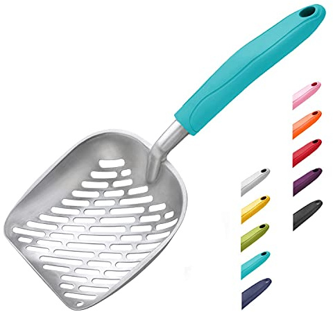 WePet Kattsandskopa, aluminiumlegeringssikt, kattunge metallskoper, djup spade, långt handtag, bajssjöftning, kattunge bajslyftare, för kattlåda, oregelbundet aluminium med turkiskt blått handtag
