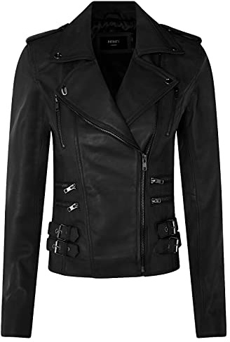 Infinity Leather Giacca da Moto Nero Opaco retrò in Pelle 100% Nappa da Donna XL