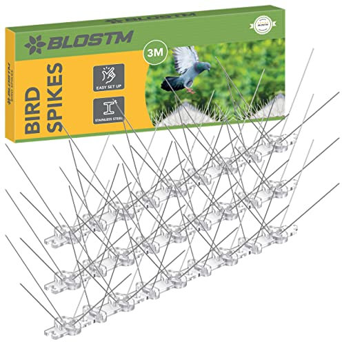 BLOSTM Bird Spikes - Stainless Steel Bird Deterrent Spikes, Pigeon Repellent for Fence, Roof & Windowsills, Anti Climb Fence Spikes Stops Crows, Seagulls, Squirrels, Cats, Pests - 3 Metres (12 x 25cm)