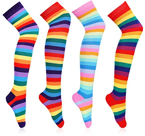 KINBOM 4 paires Chaussettes Hautes Arc-En-Ciel, Longues Chaussettes Pride Chaussettes Hautes Rayées Femme Striped Socks Bas d'Halloween pour Noël Costume de Cosplay Fête d'Habillage