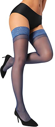 HONENNA Sheer Thigh High Stockings, 17+ Colors Stay Up Lace Top with Anti-Slip Silicone for Women, 1 Pair (Navy Blue, B)