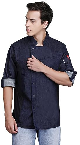 Unisex Asymmetrical Denim Jeans Chef Coat with Side mesh for All kind of Chefs (Navy Blue Denim, Large)