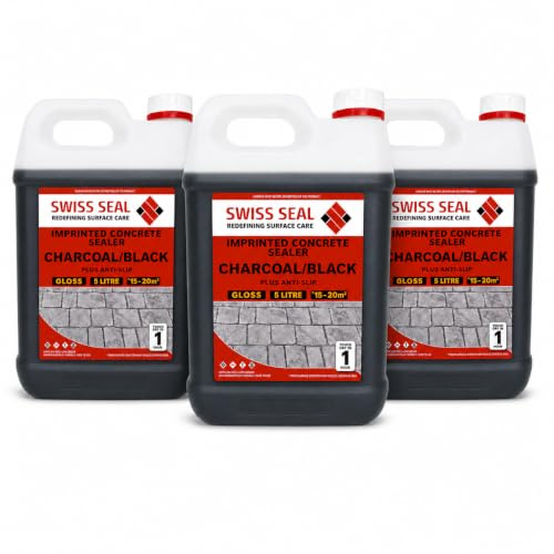 Swiss Seal | CHARCOAL/BLACK Coloured Imprinted Concrete Sealer GLOSS FINISH + ANTI-SLIP | Colour Tinted Driveway & Patio Seal - Wet Look | Colour Tint Sealant For Outdoor Concrete Floor (3 x 5 Litre)