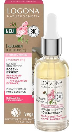 LOGONA Naturkosmetik 2-Phasen Serum sofort straffende Rosen-Essenz, glättende Gesichtspflege für mehr Feuchtigkeit mit Bio-Rosenextrakt und Kollagen, vegane Tagespflege mit Anti Aging Wirkung, 30ml