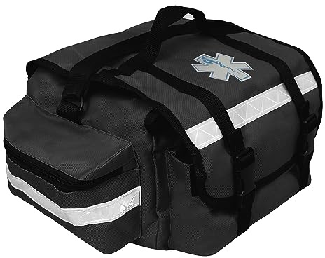 Primacare KB-RO74-BK First Responder Trauma Bag, 17 x 9 x 7, Black — EMT/EMS Medical Supply Organizer with Padded Dividers, Multiple Compartments, Side Pockets, Reflective Strip, Durable Design