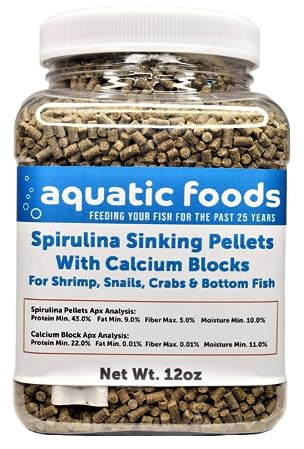 Aquatic Foods Inc. Calcium Blocks Included in These Spirulina Sinking Pellets for Shrimp, Snails, Crabs, Catfish, Plecos for All Tropical Fish 1/16 x 3/8 Pellets by Zeigler.12oz Small Jar