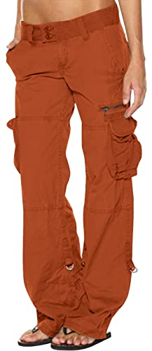 HAOLEI Cargo Trousers Women UK Loose Pants with Pockets Baggy High Waist Y2K Straight Casual Wide Leg Parachute 90s Fashion Aesthetic Jogger Bottoms Drawstring Hippie Punk Ladies Orange