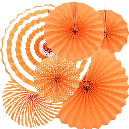 Hocansen 6PCS Hanging Paper Fans Set 8/12/16in Party Decoration Paper Fans Round Pattern Papers Garlands Decoration for Birthday Bridal Wedding Baby Shower Graduation Events(Orange/ZS)