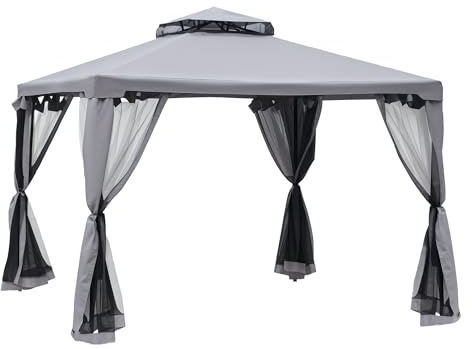 Outsunny Cenador de Jardín 3x3 m Pabellón de Exterior con Doble Techo de Ventilación 4 Cortinas Mosquiteras Laterales con Cremallera 8 Orificios de Drenaje Gazebo para Fiestas Patio Gris