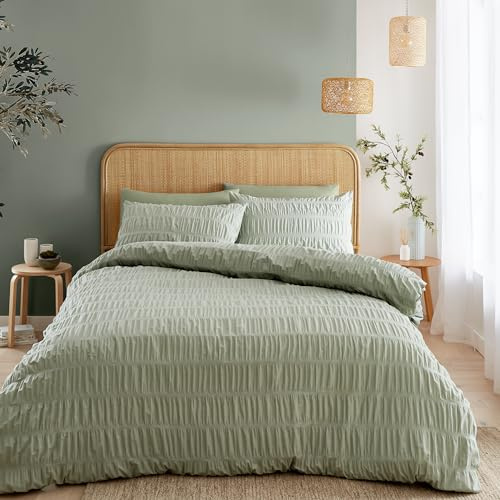 Catherine Lansfield Seersucker - Set copripiumino super king con federe, colore: verde salvia