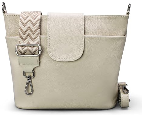 Brise Art Umhängetasche Damen Echtes Leder ELLIE Handgemachte Crossbody Bag mit Ledergurt + Optionalen Breiten Gemusterten Riemen 6 Fächer Wasserdichte Schultertasche Made in Italy (Beige - 4)