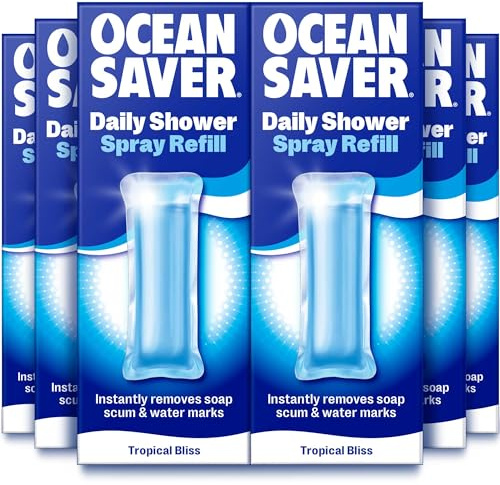 OceanSaver Daily Shower Cleaner | Eco-Friendly Shower Cleaning Spray | Removes Soap Scum, Prevents Limescale | Sparkling Shine | Vegan, Plastic-Free & Cruelty-Free (6 x 10ml Refills)