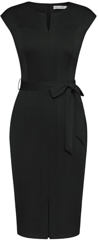 GRACE KARIN Vestido de cóctel Ajustado con Abertura Frontal y Mangas Cortas para Mujer, Vestido Midi con cinturón, Negro, XL
