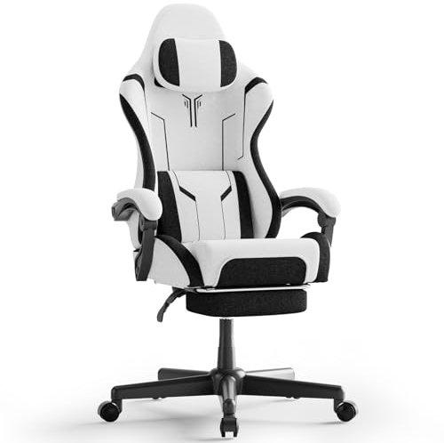 Gaming Stuhl mit Lendenkissen, Ergonomischer Bürostuhl Verstellbare Rückenlehne, Verdicktes Kissen, Robustes Gaming Sessel Ausziehbare Fußstütze, PC-Stuhl Linkage Armlehnen 360° Drehbar, Weiß