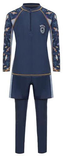 Fldy Jungen Rashguard Badeanzug UV Schutz Langarm Oberteil Und 2-in-1 Badeshorts Kinder Surfen Schwimmkleidung Marineblau 122-128