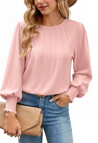 Gyabnw Women’s Long Sleeve Tops Casual Pleated Blouse with Crew Neck Breathable Jersey Tunic Shirts Pink