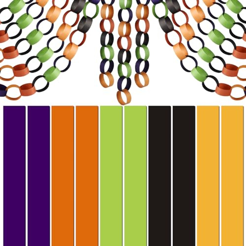 CHRORINE 600 Pcs Colorful Paper Chain Strips for Halloween Themed Party Decorations DIY Crafts Supplies (Black Orange Purple Green Yellow, 1 x 7.08 inches)