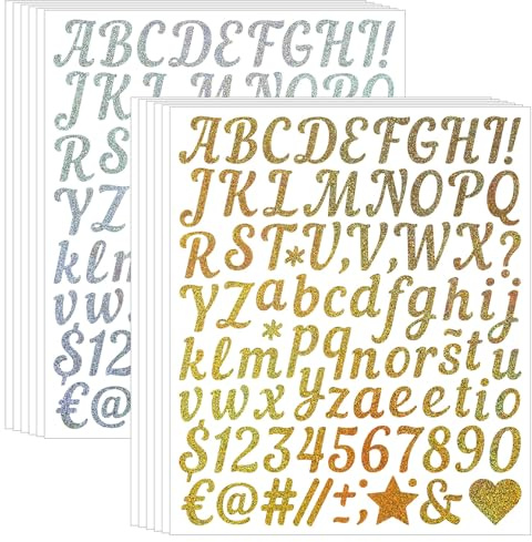 Teouuas 1008 Stück/12 Blätter Buchstaben Aufkleber, Nummern Buchstaben Sticker, Klebebuchstaben Aufkleber, Selbstklebende Vinyl Sticker Wetterfest für Postfach Schilder Adressnummer DIY, Gold Silber