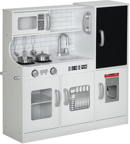 AIYAPLAY Cocina de Juguete Cocina para Niños de +3 Años Cocinita Infantil de Madera con Accesorios para Cocinar Pizarra Máquina de Hielo y Teléfono 83,8x26,8x81 cm Blanco