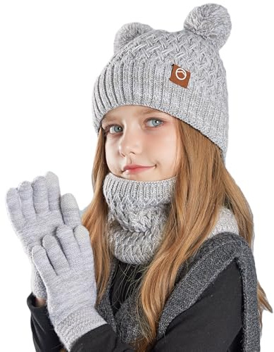 MAZELIKEHOOD 3Pcs Girls Winter Scarf Gloves Hat Set Thick Warm Soft Knit Accessories Sets for Boys for Children 4-10 Years