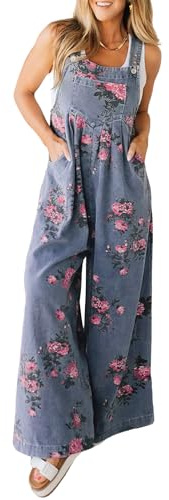 ebossy Women's Floral Denim Bib Overalls Adjustable Straps Sleeveless Wide Leg Long Jean Jumpsuit (XS, Blue)
