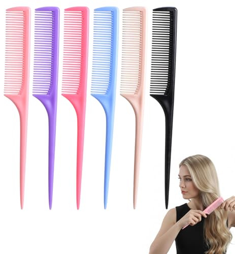 6PCS Tail Combs for Women, Plastic Tail Comb Fine Tooth Anti Static for Women, Detangling Back Combing Updo Hairstyle (Multi-color)