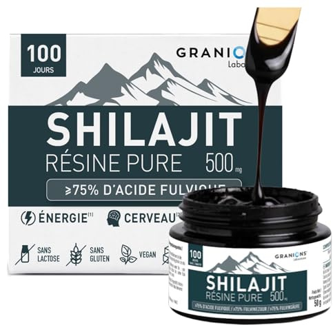 GRANIONS SHILAJIT Résine Pure 500mg - 100 jours | Shilajit Pure Himalaya 100%- 75% Acide Fulvique - Libido, Vitalité, Énergie, Concentration, Immunité, Memoire - Anti Fatigue Puissant - Vegan