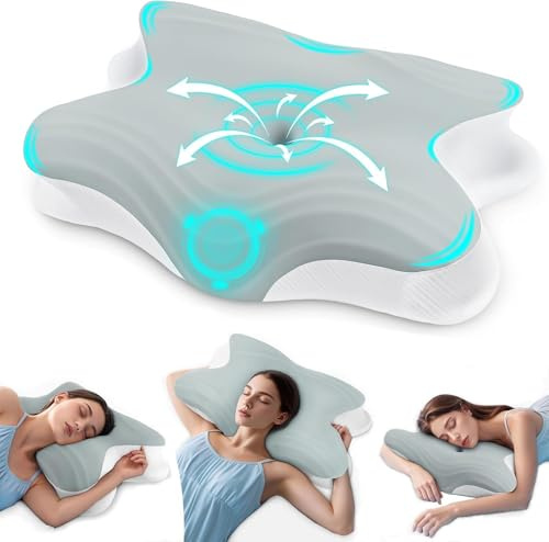 Rokehr Cuscino Cervicale per Dormire, 2 in 1 Cuscino Cervicale Ortopedico, Cuscino Memory Foam, Cuscini Ergonomico Cervicale, Guanciale Cervicale per Chi Dorme di Lato, Pancia o Schiena - Grigio