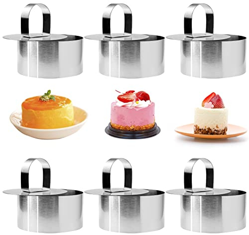 Fizleca 6 Pack Stainless Steel Mini Cheesecake Moulds with Food Pusher - Non-Stick Round Rings for Baking Mousse, Crumpets, Pastries, and Desserts (8cm Diameter)
