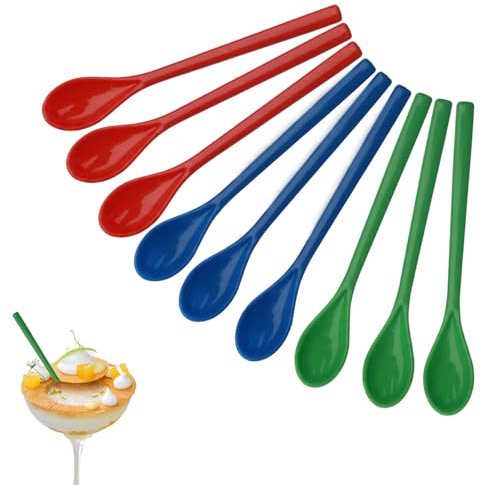 9 Piezas Coloridas Cucharas Plastico Largas Reutilizable, Cucharas de Mango Largo, 19 cm Cucharillas Postre,cucharas reutilizables,para mermelada, largas, Huevo, Cafe, Latte, Té, Postres