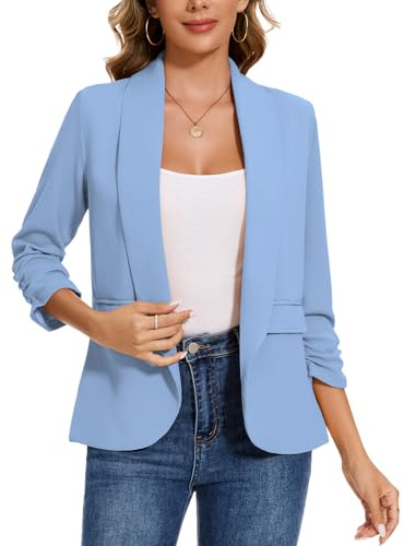 LADI TREND Women's Long Sleeve Blazer Open Front Jacket Suit Plain Work Office Tops Summer Outerwear (Light Blue M)