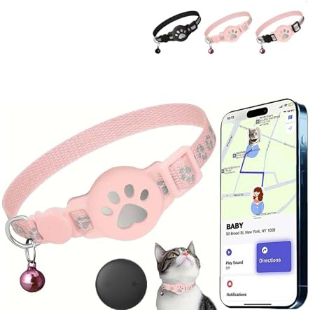 Collier GPS Chat sans Abonnement ni Carte SIM, Traceur GPS Étanche IP67 pour Chat, Localisation en Temps Réel, Compatible iOS et Android, Collier Réfléchissant Anti-Perte (Rose)