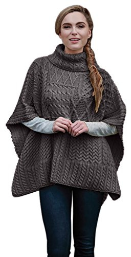 Aran Woolen Mills Mantella Poncho Collo Alto in 100% Lana Merino da Donna (Grigio Antracite)