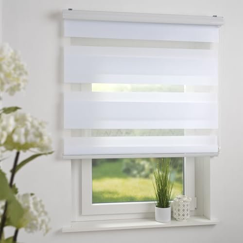 Liedeco Duo-Rollo Doppelrollo mit Kassette | B 90 x H 220 cm | Streifen - Weiß | lichtdurchlässig