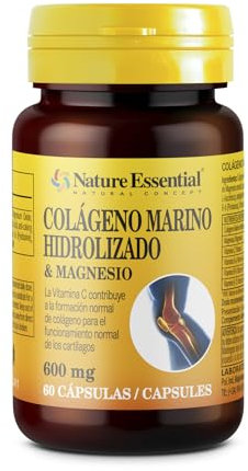 Nature Essential I Colágeno marino + magnesio 600 mg. 60 cápsulas con vitamina C y vitaminas B-6, B-9 y B-12 I Mejora la salud de la piel, cabello y uñas