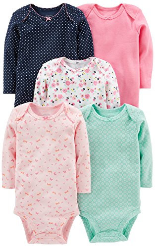 Simple Joys by Carter's Unisex Baby 5-Pack Long-Sleeve Bodysuit Body, Marineblau Punkte/Minzgrün/Rosa/Floral/Schmetterlinge, 6-9 Monate (5er Pack)