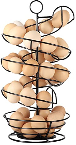 QUTREY Black Metal Egg Skelter with Storage Basket, Spiral Design Egg Holder for Large Egg for Countertop, Kitchen