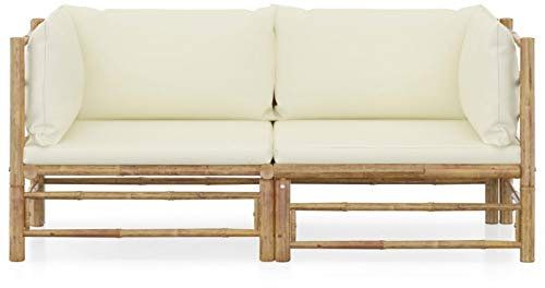 Tidyard 2-TLG. Trädgårdsmöbler med krämvit kudde, trädgårdssoffa, sittgrupp, loungesoffa, trädgårdsset, hörnsoffa, mellansoffa, fotpall bambukudde, bambu