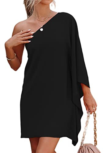Jhsnjnr Womens One Shoulder Sexy Short Dresses Batwing Sleeve Elegant Party Mini Dress Black