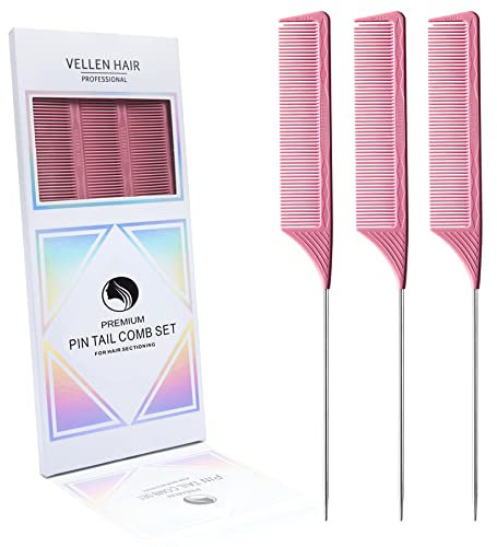 Vellen Hair Professionelle 22,9 cm Nadelstielkämme für Haarstylisten, Hitzebeständiges und Antistatisches PEI Material, Edelstahl Nadelstielkamm – 3 Stück