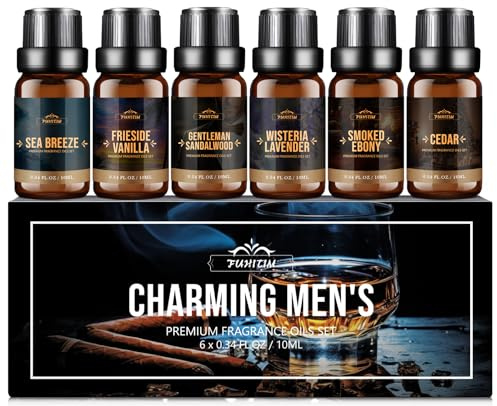 FUHITIM Fragrance Oil, Charming Men's Set Diffuser Oil for Home, Soap & Candle Making Scents, Aromatherapy Essential Oils -Sea Breeze, Fireside Vanilla, Cedar and More(6 * 10ML)