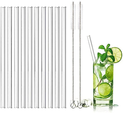 DONQL 10 Stück Glasstrohhalme Glas Wiederverwendbar Trinkhalme Qualität Trinkhalme aus Glas mit 2 Reinigungsbürsten Länge 20cm Perfekt für alle Getränke Milch (Gerade)