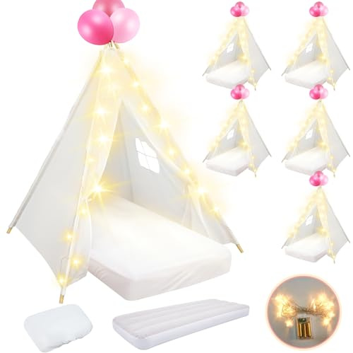 Lemosae 6 Pack Sleepovers Teepee Tent for Kids Bulk with Mattress Sheet Light,Natural Cotton Washable Indoor Play Tent for Birthday Slumber Party Girls Boys Pajama Movie Night Supplies(White)
