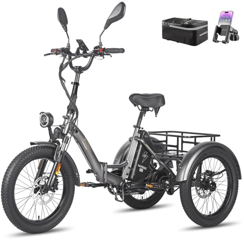 Fafrees E Bike Dreirad F20 Mate, Ebike Klapprad 20 * 3.0 Zoll, Lastenfahrrad für Erwachsene 48V 21Ah Akku, e Bike 3 Rad 65N.m, Dreirad für senioren (Kleiner hinterer Korb, Grau)