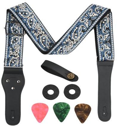 Rapidbok Gitarrengurt 5cm breit längenverstellbar Baumwolle Gitarrenband mit echten Lederenden Gurt Gitarre mit 1 Gurtknöpfen 2 Gurtschlössern 3 plektren für Gitarre Akustikgitarre & Bass