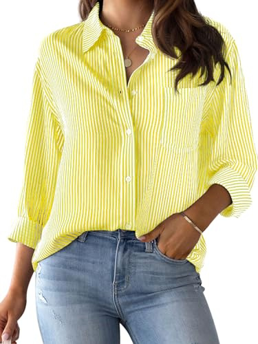 CUNLIN Wrinkle Free Women's Button Down Shirts Striped Long Sleeve Collared Blouses Tops with Pocket, 20073_Lemon Yellow, XL