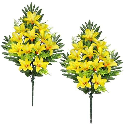 Oairse Lot de 2 bouquets de fleurs de lys artificielles, jaune, 42 cm (L) x 13 cm (l) x 48 cm (H), élégant mémorial, fleurs artificielles